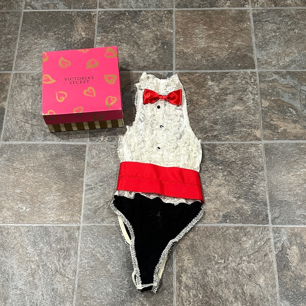 Victoria's Secret Black and Cream Lace Bodysuit with Red Accents